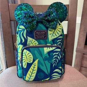 Loungefly Aulani Sequin Ears Kids Backpack - Blue and Green Leaf Design